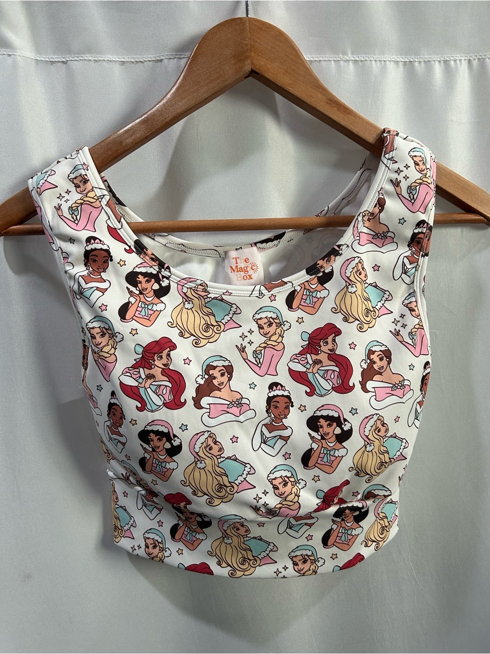 NWOT The Magic Box Christmas Disney Princess-Print Sports Crop Bra